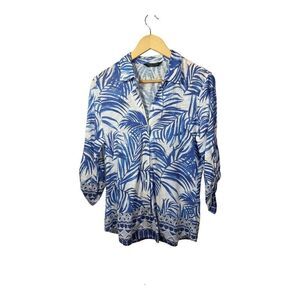 TANGO MANGO Women’s Snap Down Palm Print Blouse White/Blue Size Medium